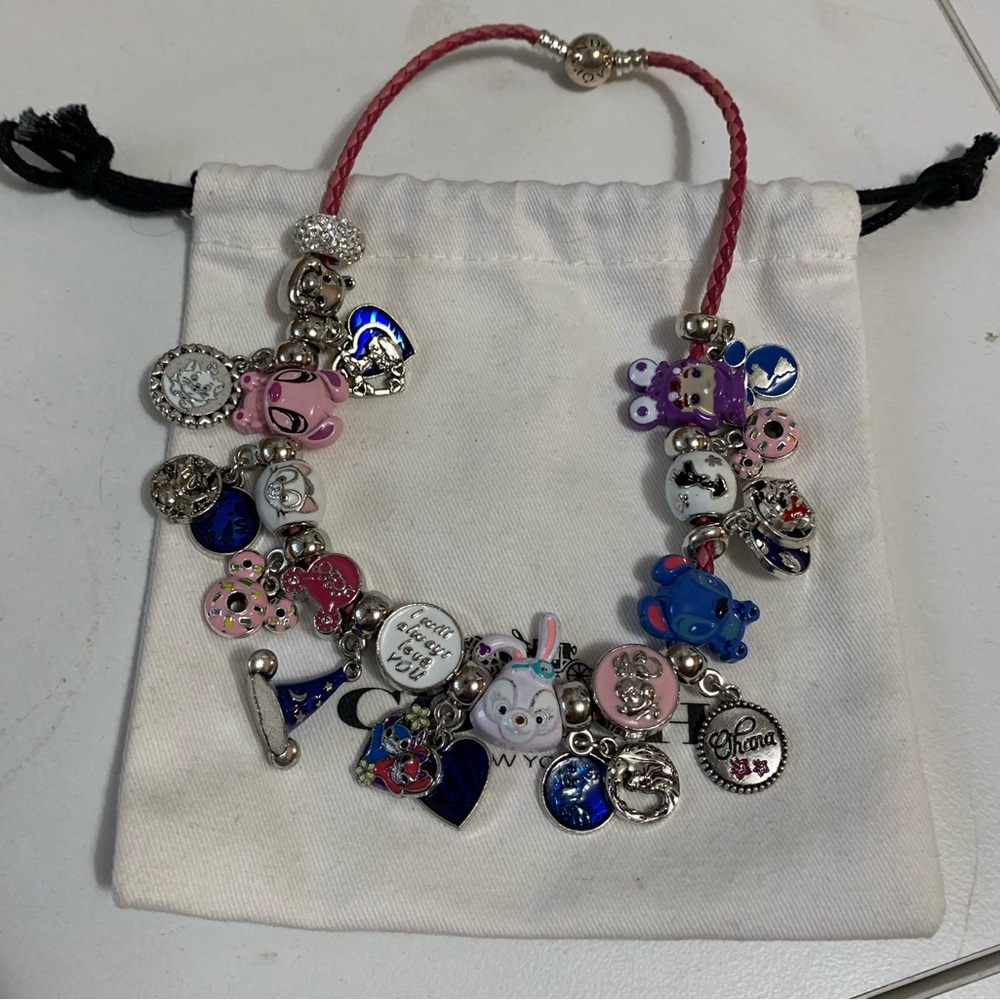 Pandora Pink Leather Bracelet Wrap Twice /Necklace Disney Cartoon Figure Charms